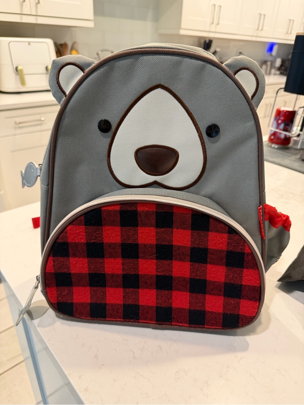 Gray Bear Kids Backpack with Red Buffalo Plaid Pocket